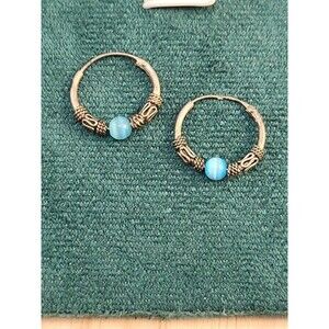 Sterling Silver Celtic Hoop Earrings Blue Bead Accents Artisan Style, 0.75" Dia.